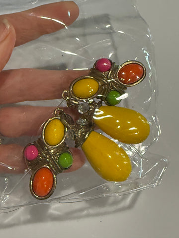 Vintage Large Designer Colorful Cross and Bead Drop Clip On Earrings