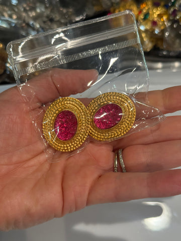 Vintage Heavy Pink Gold Oval Clip Ons Earrings with Pink Drusy Center