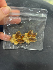 Vintage Gold and Amber Glass Leaf Clip On Earrings