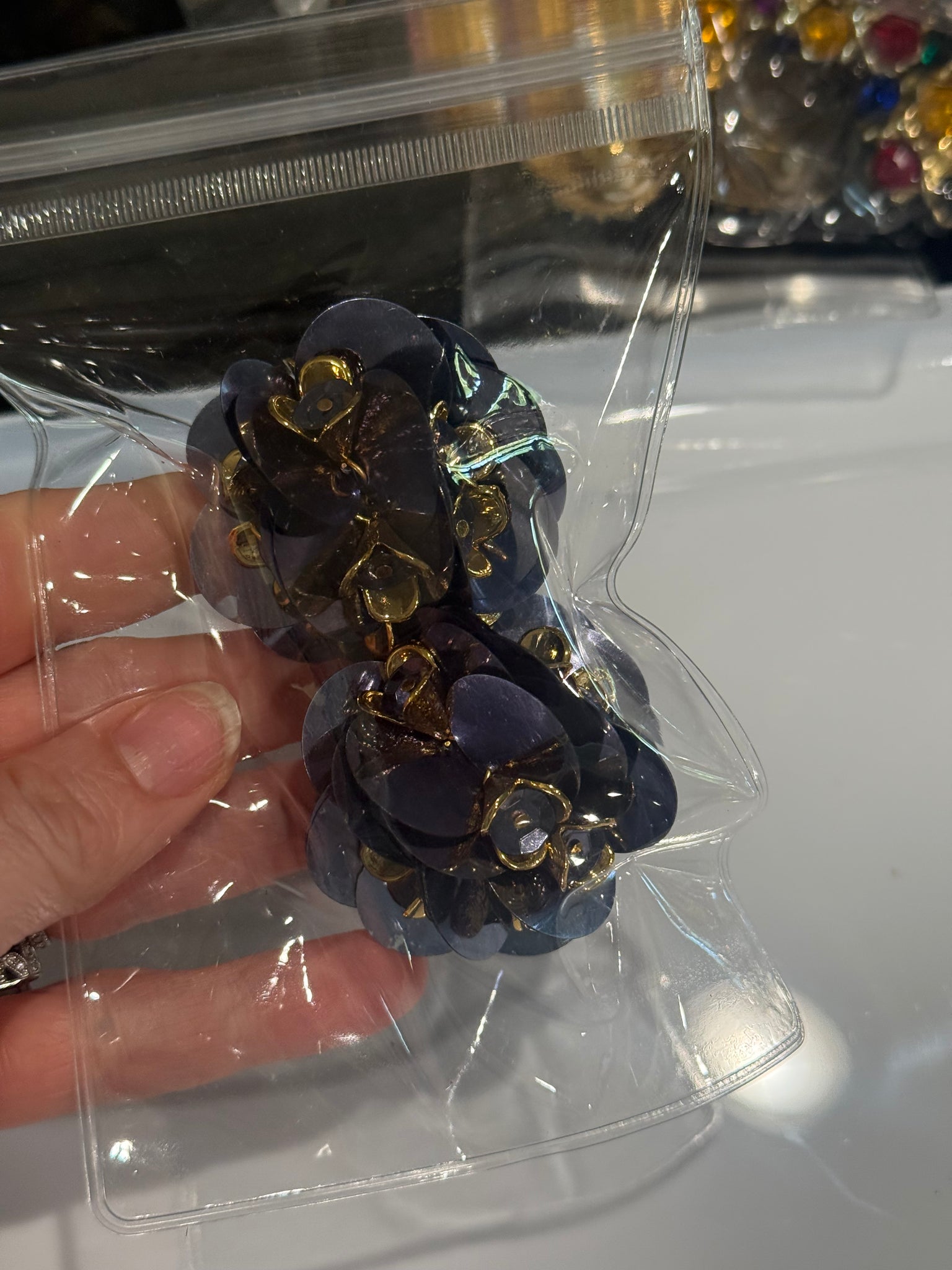 Vintage large Dark Blue and Gold Rhinestone Flower Clip On Earrings