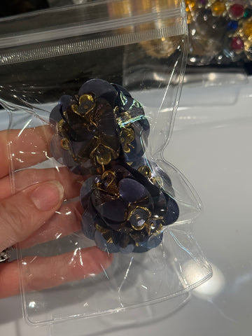 Vintage large Dark Blue and Gold Rhinestone Flower Clip On Earrings