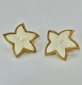 Vintage Gold White Textured Heavy Starfish Post Earrings