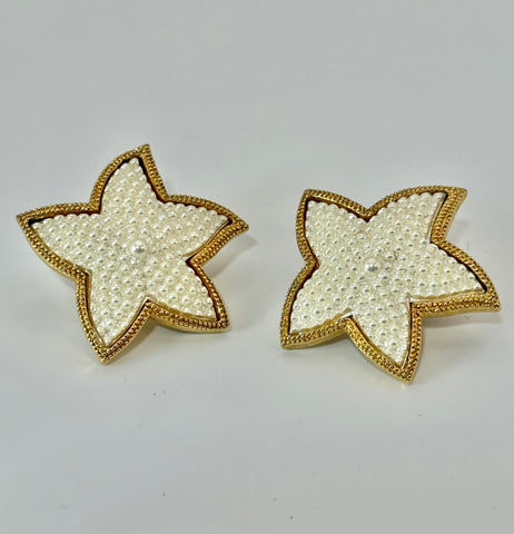 Vintage Gold White Textured Heavy Starfish Post Earrings