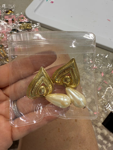Vintage Gold Heart Pearl Drop Post Earrings