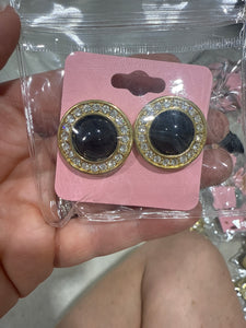 Swarovski Gold-Tone Crystal & Faux Onyx Post Earrings. 1" Round  Marked SAL