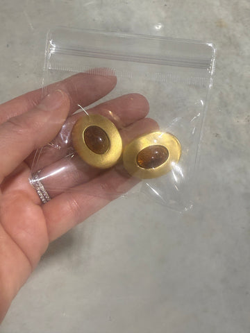 Vintage Matte Gold Clip On Earrings With Amber Cabochon