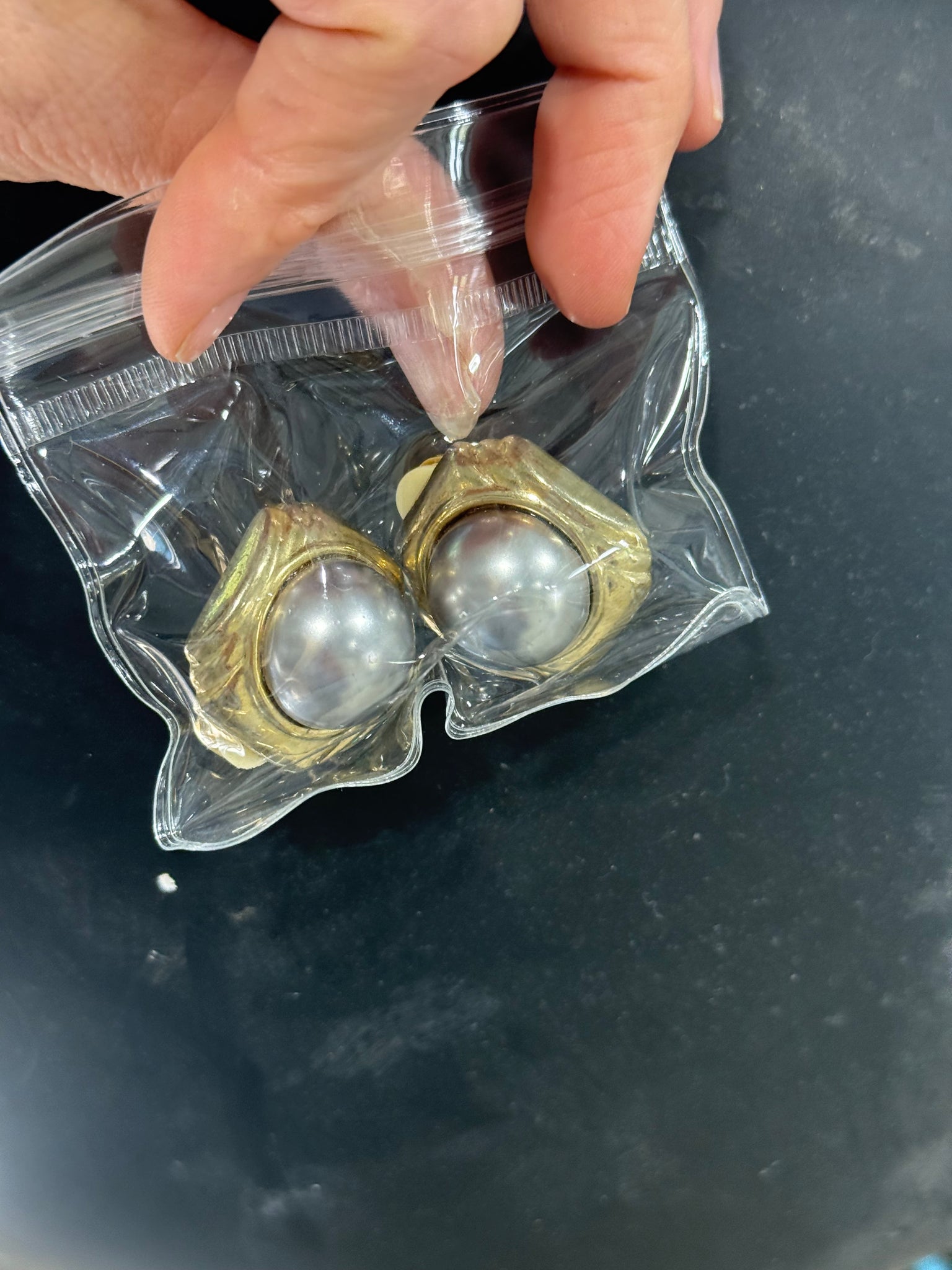 Vintage Grey Pearl and Gold Square Clip On Earrings