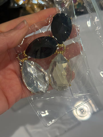 Vintage Large Black and Clear Cabochon Drop Clip On Earrings