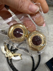 Vintage Heavy Round Gold Clip On Earrings with Maroon Cabochon Center