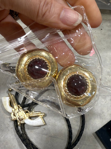 Vintage Heavy Round Gold Clip On Earrings with Maroon Cabochon Center