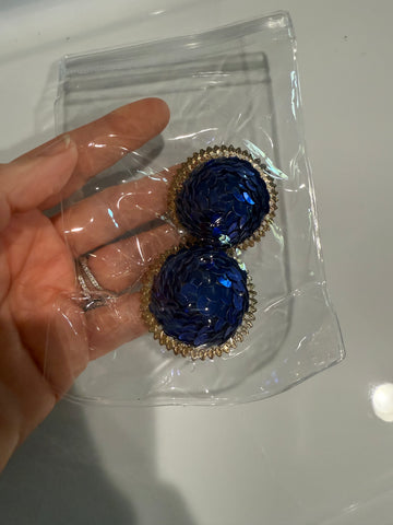 Vintage Large Blue Sequin Dome Clipon Earrings