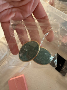 Large Oval Gold and Green Enamel Post Earrings