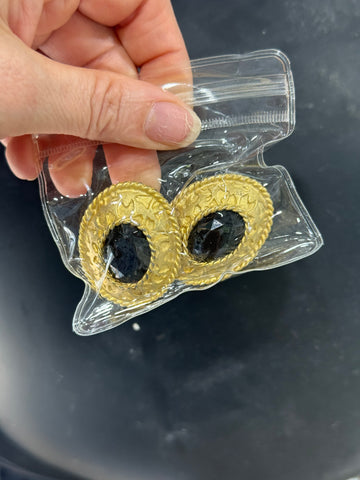 Vintage Large Matte Gold Oval Clip On Earrings with Black Rhinestone