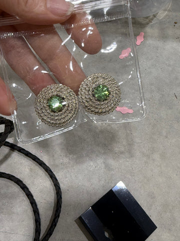 White Found Heavy Clip Ons With Green Gem Center
