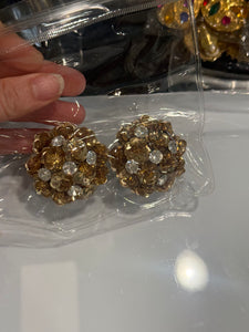 Vintage Large Gold Cluster Sequin With Rhinestone Clip Ons Earrings Earrings
