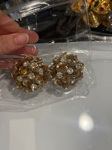 Vintage Large Gold Cluster Sequin With Rhinestone Clip Ons Earrings Earrings