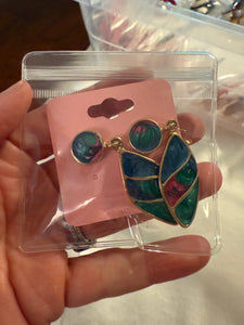 Vintage Gold Metal with Colorful Enamel  Drop Post Earrings