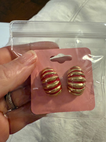 Vintage Small Red Enamel and Gold Half Hoop Post Earrings