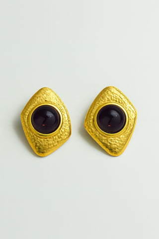 Vintage Gold Monet Diamond Shaped Post Earrings with Maroon Cabochons
