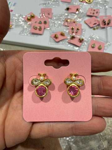 Vintage Gold Bug Stud Earrings with Pink CZ