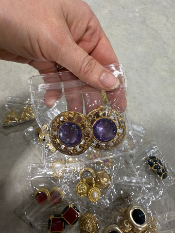 Vintage Round Gold Clip On Earring’s with Purple Rhinestones