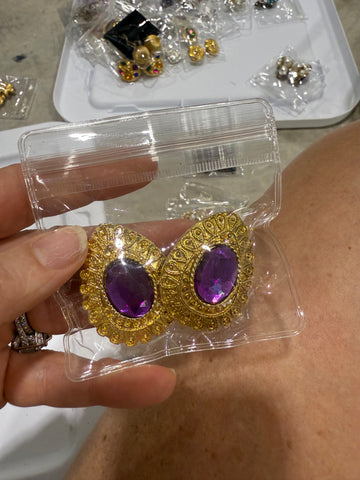 Vintage Large Ornate Gold Tear Drop Clip On Earrings With Purple Gem Center