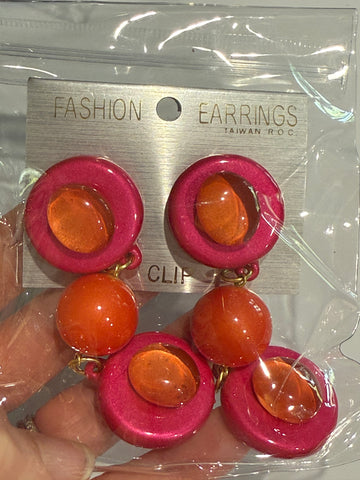 Vintage Large Round Orange and Pink Acrylic Drop Earrings