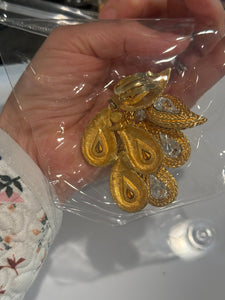 Vintage Heavy Gold and Crystal Paisley  Tear Drop CZ Chandelier Clip On Earrings
