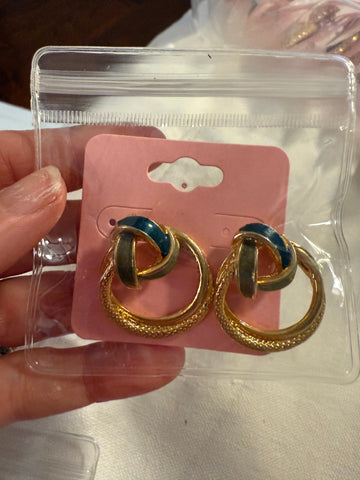Vintage Gold and Navy Enamel Circle Post Earrings