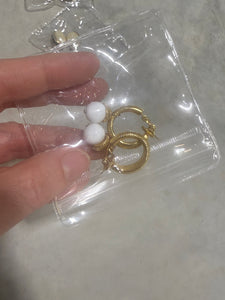 Vintage Gold Hoop White Bead Drop Clip On Earrings