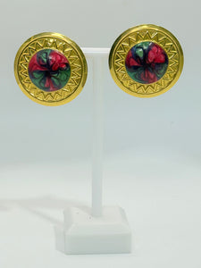 Vintage Large Round Gold Colorful Acrylic Earrings