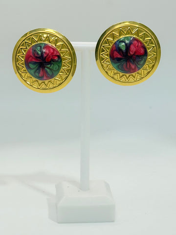 Vintage Large Round Gold Colorful Acrylic Earrings