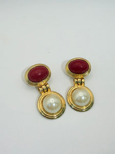 Vintage Gold Red Cabochon and Pearl Post Earrings