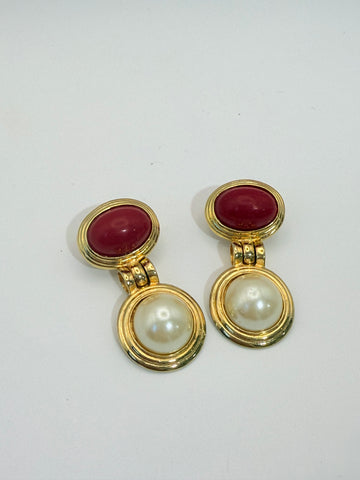 Vintage Gold Red Cabochon and Pearl Post Earrings