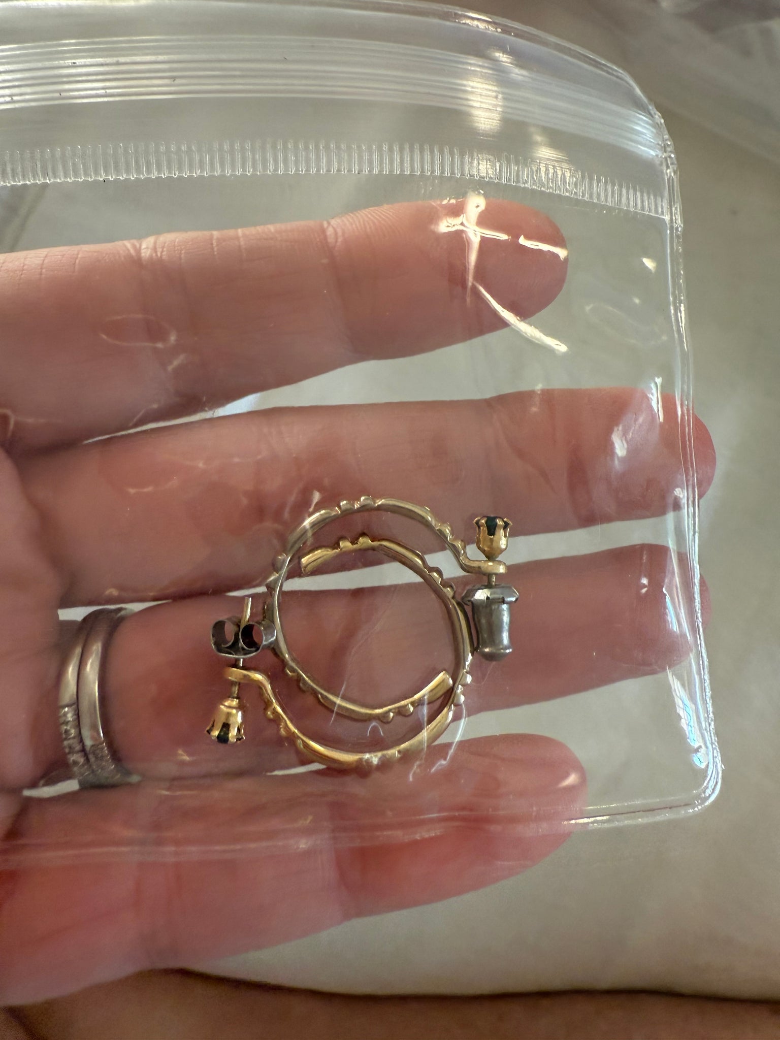 Vintage Thin Gold Hoop Post Earrings with Emerald Stud