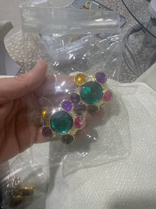 Vintage Chunky Gold Flower Colorful Cabochon Clip On Earrings