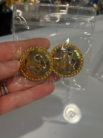 Vintage Heavy Large Round Gold Anchor Clip On Earrings