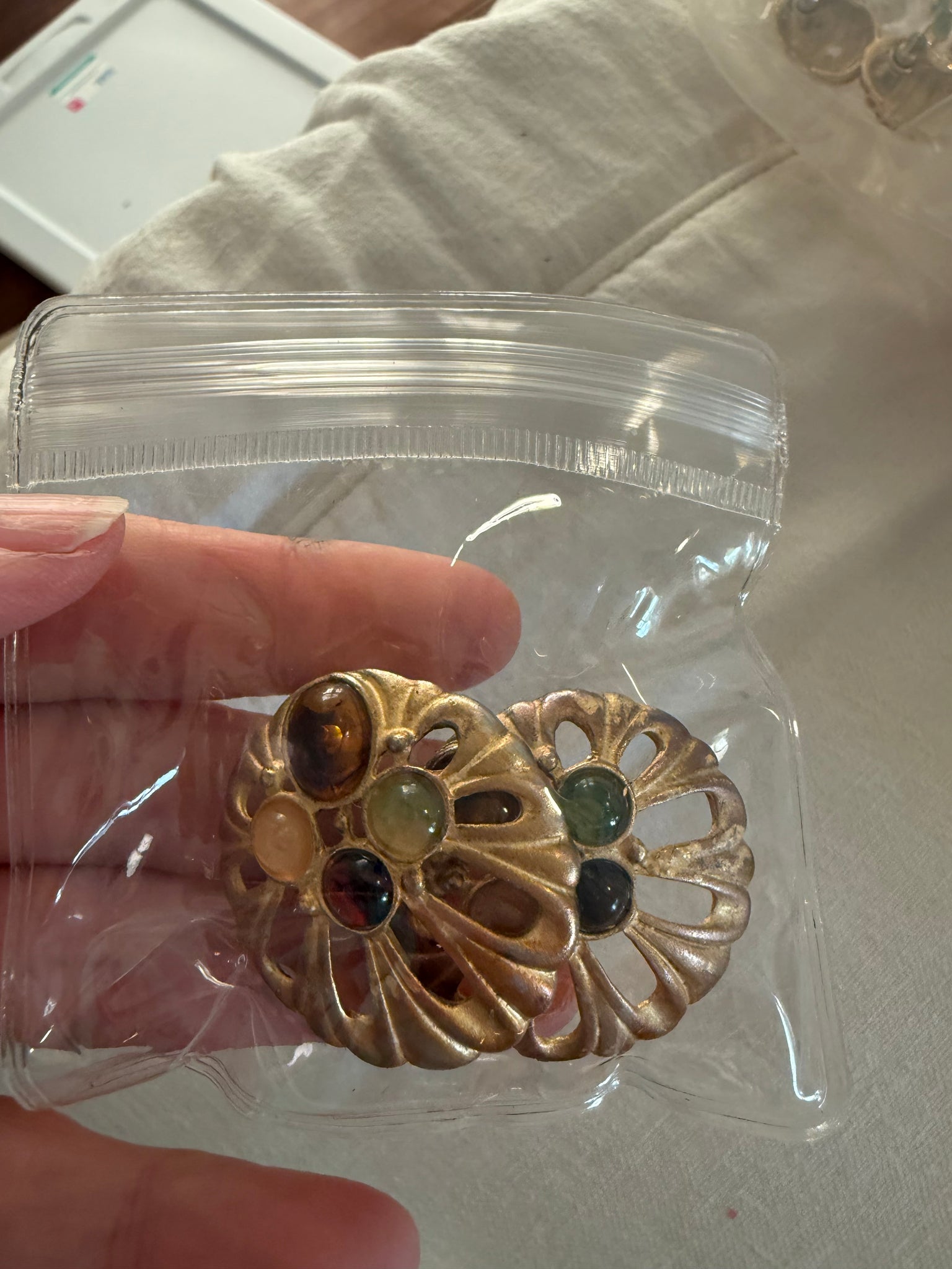 Large Round Heavy Gold and Stone Post Earrings