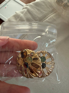 Large Round Heavy Gold and Stone Post Earrings