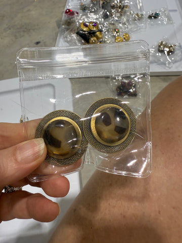 Vintage Round Taupe Leopard and Gold Clip On Earrings