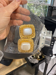 Vintage Large Braided Gold Square Pearl Clip On Earrings