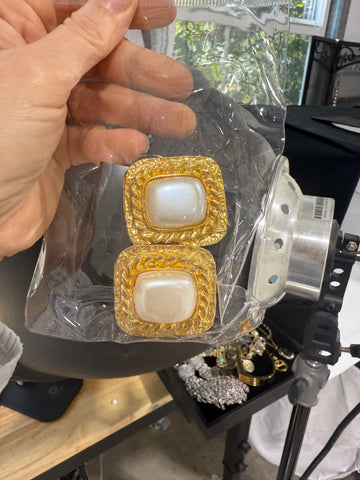 Vintage Large Braided Gold Square Pearl Clip On Earrings