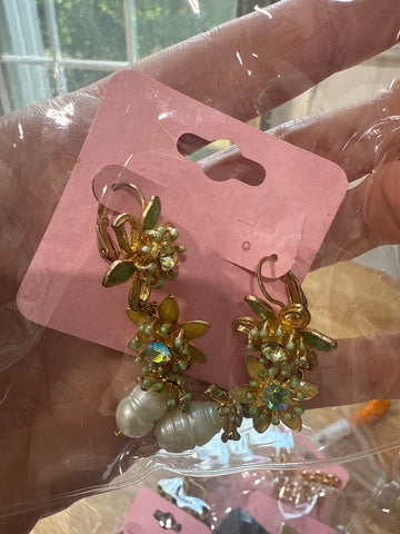 Vintage Green and Ab Pearl Drop Earrings