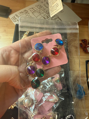 Vintage Gold Colorful Cabochon Drop Clip On Earrings