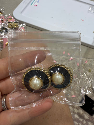 Vintage Round Gold Navy Enamel and Pearl Post Earrings