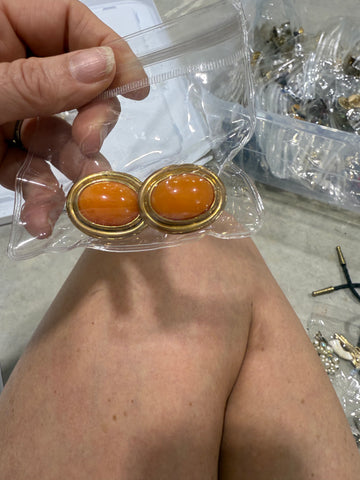 Vintage Petite Gold Clip On Earrings Orange Cabochon