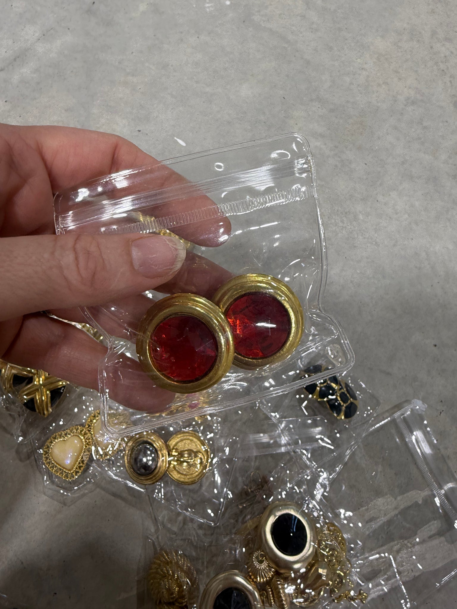 Vintage Gold Round Clip On Earrings with Red Gem Cabochon