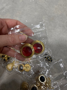 Vintage Gold Round Clip On Earrings with Red Gem Cabochon