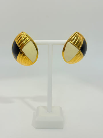 Vintage Heavy Black Cream Gold Tear Drop Post Earrings