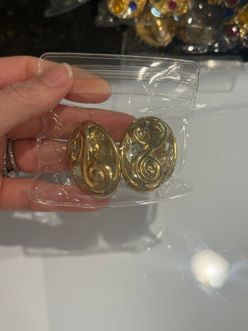 Large Clear Crystal Oval Clip On Earrings with Gold Swirl Detail